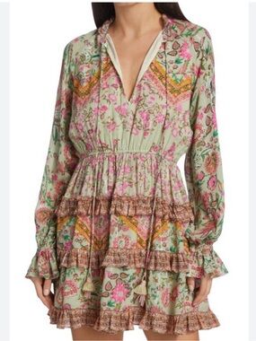 Hemant and nandita Nora Floral Ruffle Tiered Mini Dress - sage & Pink